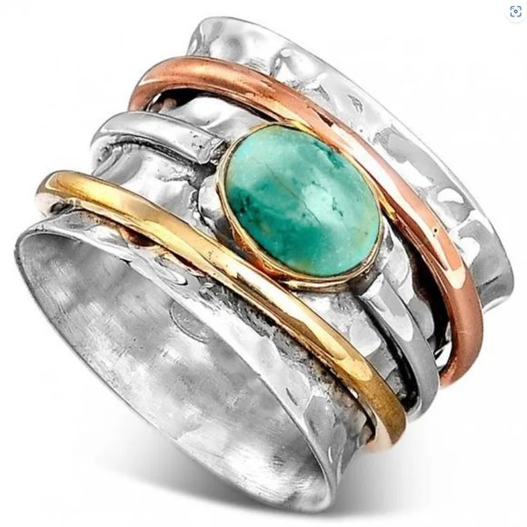 Handmade Hammered Oval Turquoise & Silver Mixed Metal Boho Wide Band Ring NEW - Picture 4 of 6